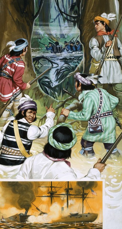 Seminole-indianen vechten tegen de Amerikaanse soldaten in de moerassen door Angus McBride
