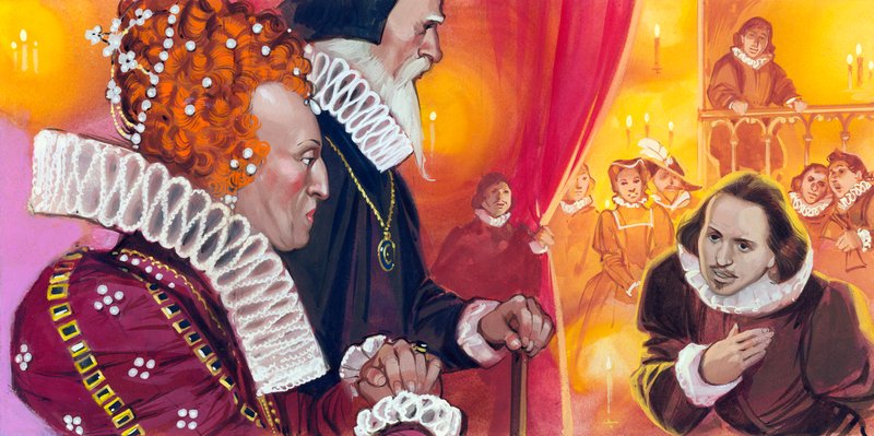 Shakespeare wordt gepresenteerd aan koningin Elizabeth I door Angus McBride