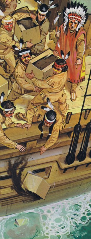 De Boston Tea Party (kleurenlitho) door Angus McBride