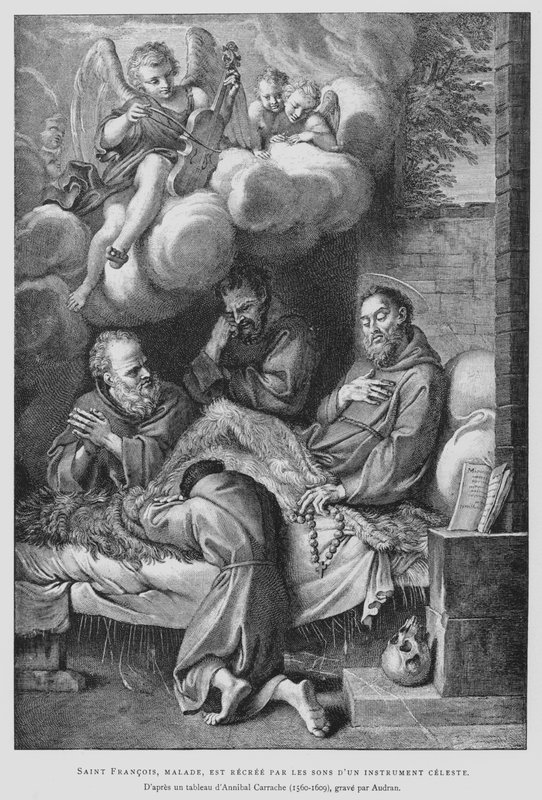 St. Franciscus van Assisi, lijdend aan ziekte, wordt genezen door het geluid van een hemels instrument (litho) door Annibale (after) Carracci
