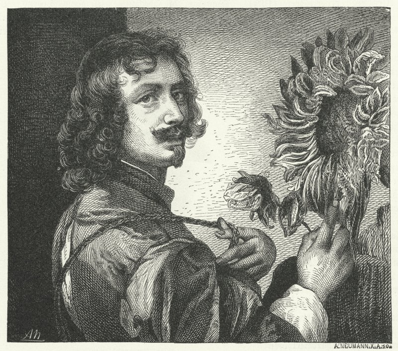 Zelfportret van de Vlaamse barokkunstenaar Anthony Van Dyck (gravure) door Anthony van (after) Dyck
