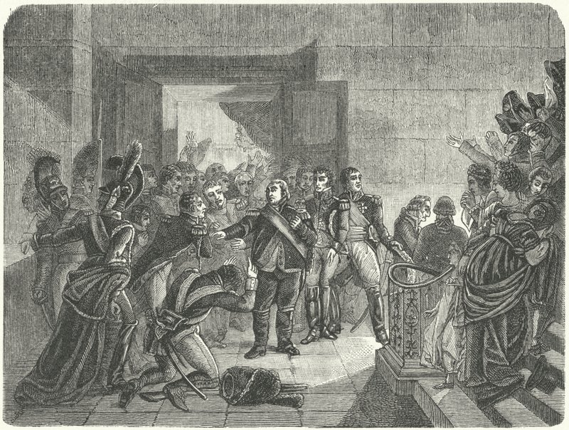 Lodewijk XVIII verlaat het Tuilerieënpaleis na het nieuws van Napoleons terugkeer uit Elba door Antoine Jean (after) Gros