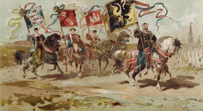 Ruiters die Banners van de Hanze en Enkele van Haar Lidsteden Dragen, Spaanse Nederlanden, 16e Eeuw door Armand Jean Heins