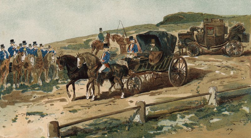 Postiljons, koets en postkoets, Nederland, 19e eeuw door Armand Jean Heins
