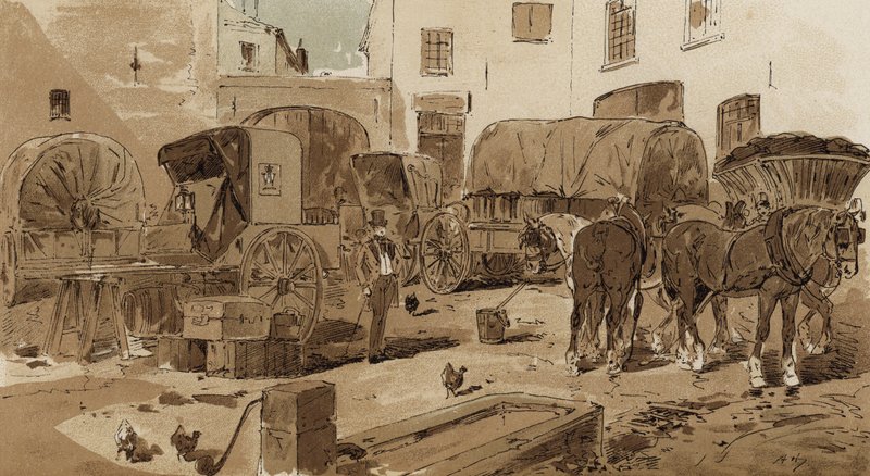 Koninklijke Nederlandse Postkoets, cabriolet, wijnwagen en kolenwagen door Armand Jean Heins