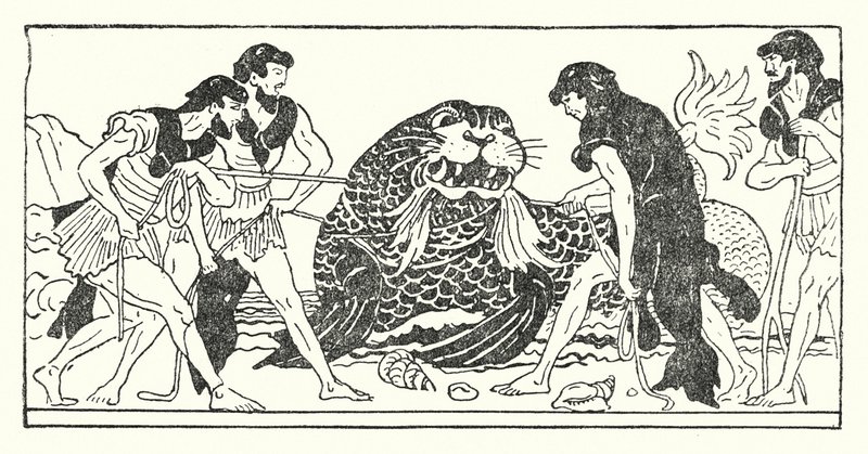 Menelaus en zijn metgezellen proberen de zeegod Proteus te vangen door Armand Joseph Bonamy