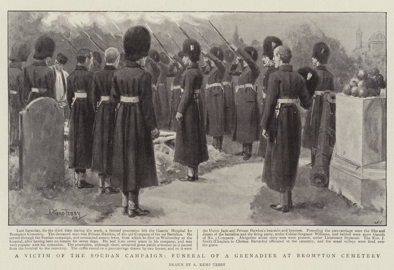Een slachtoffer van de Soedan-campagne, begrafenis van een grenadier op Brompton Cemetery door Arthur Kemp Tebby