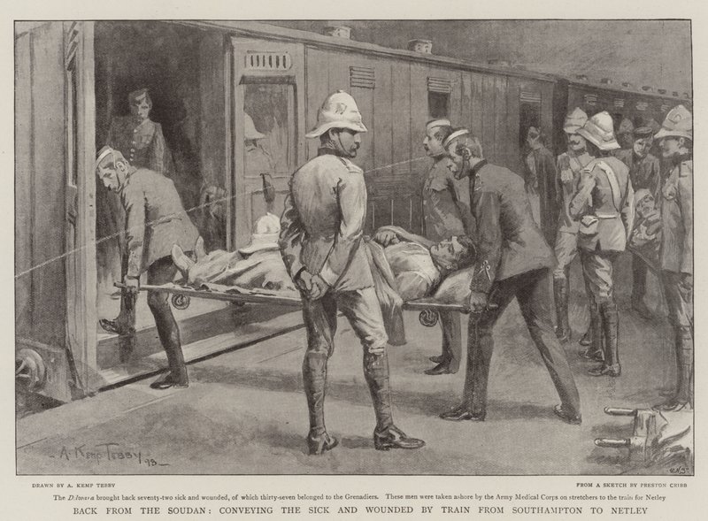 Terug uit de Soedan, het vervoeren van zieken en gewonden per trein van Southampton naar Netley door Arthur Kemp Tebby