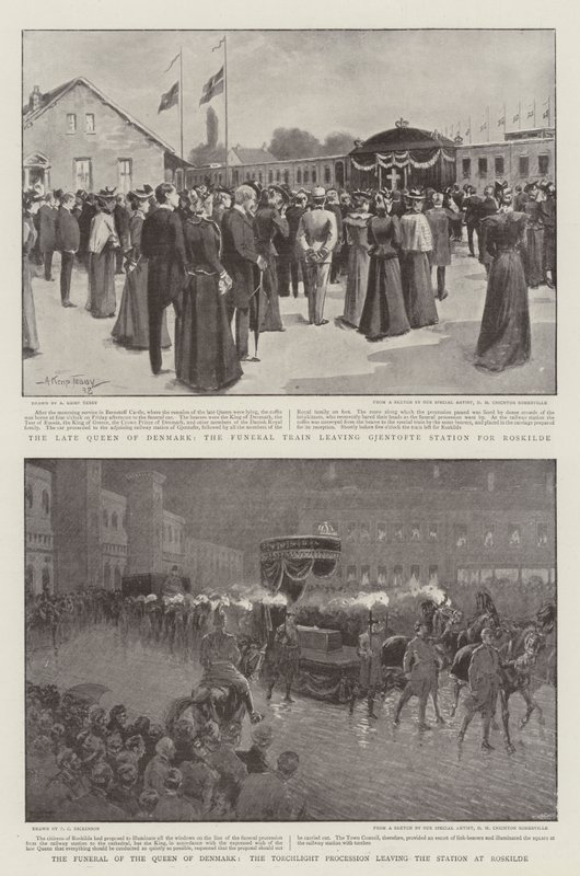De Begrafenis van de Koningin van Denemarken, de Fakkeloptocht verlaat het Station in Roskilde door Arthur Kemp Tebby