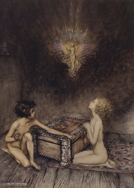 Pandora en Epimetheus, scène uit A Wonder Book, door Nathaniel Hawthorne door Arthur (after) Rackham