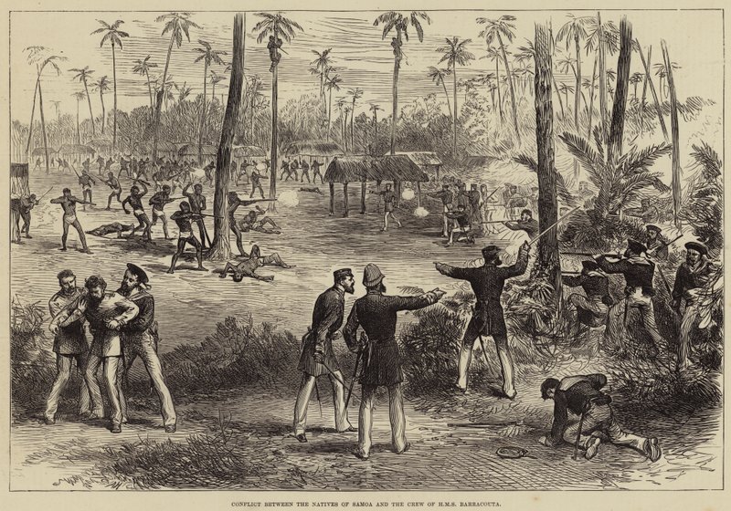 Conflict tussen de inboorlingen van Samoa en de bemanning van HMS Barracouta door Arthur Hopkins