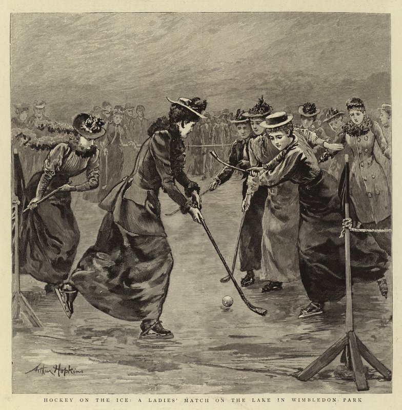 Hockey op het ijs, een dameswedstrijd op het meer in Wimbledon Park door Arthur Hopkins