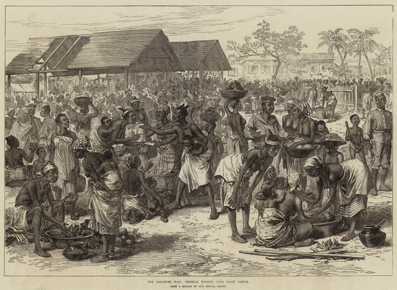 De Ashantee Oorlog, Generale Markt, Cape Coast Castle door Arthur Hopkins