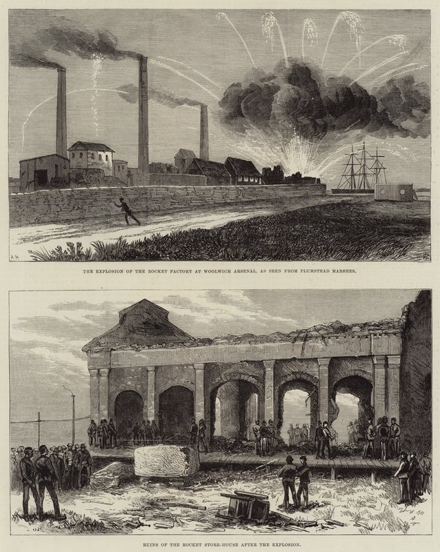 De explosie van de raketfabriek in Woolwich Arsenal door Arthur Hopkins
