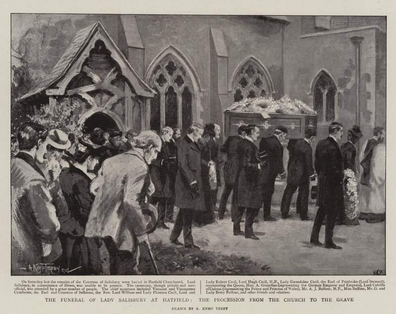 De begrafenis van Lady Salisbury in Hatfield, de processie van de kerk naar het graf (litho) door Arthur Kemp Tebby