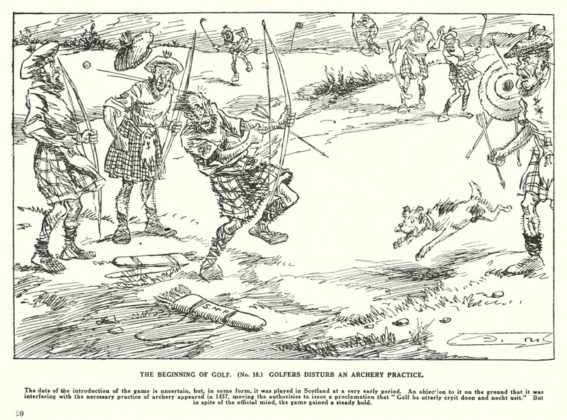Het Begin van Golf, Golfers verstoren een Boogschietoefening door Arthur Moreland
