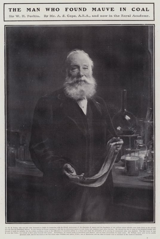 William Henry Perkin, Engelse chemicus die de eerste synthetische organische kleurstof, mauveïne, ontdekte door Arthur Stockdale Cope