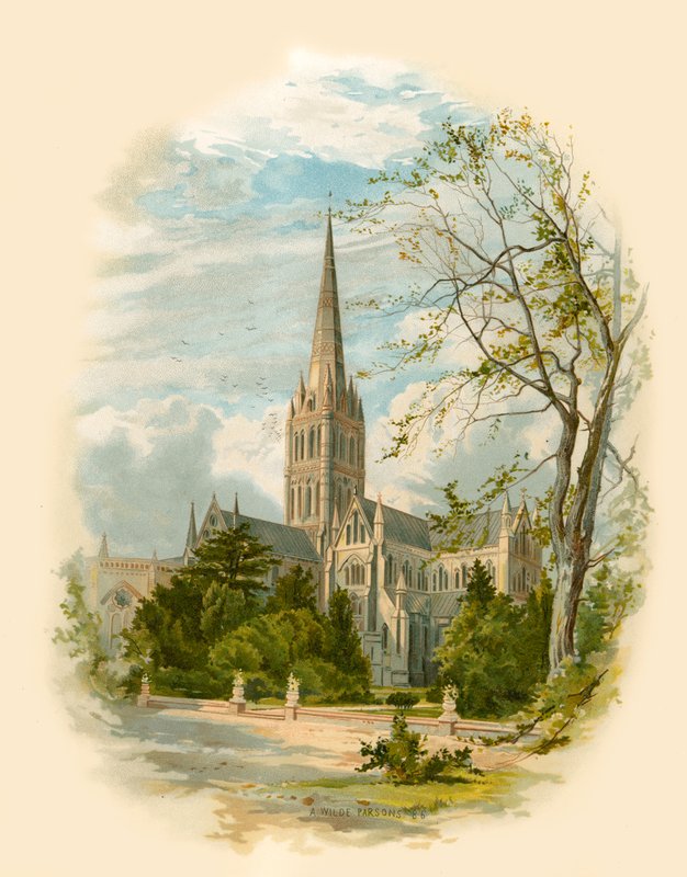 Kathedraal van Salisbury, vanuit het paleis van de bisschop door Arthur Wilde Parsons