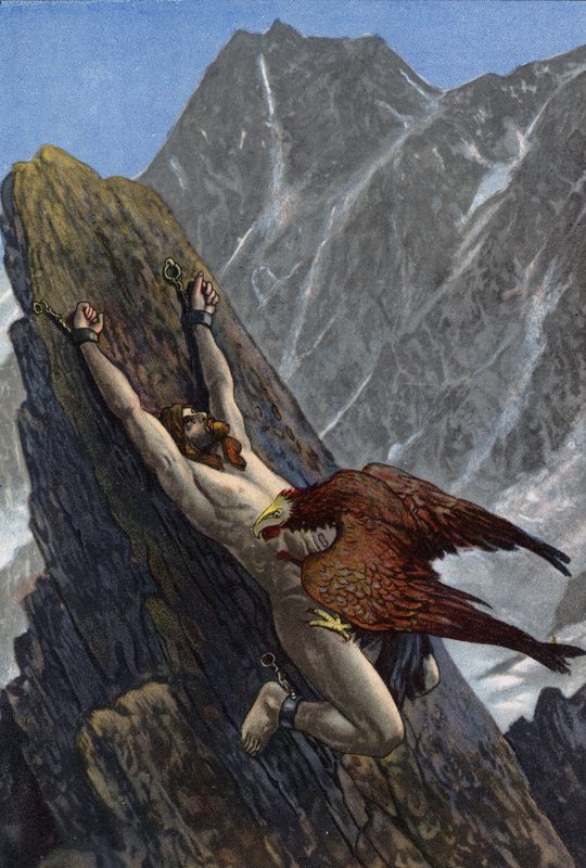 Adelaar die de lever van Prometheus opeet, vastgeketend aan een rots door Zeus als straf voor het stelen van vuur van de goden en het geven aan de mensheid door Artus Scheiner