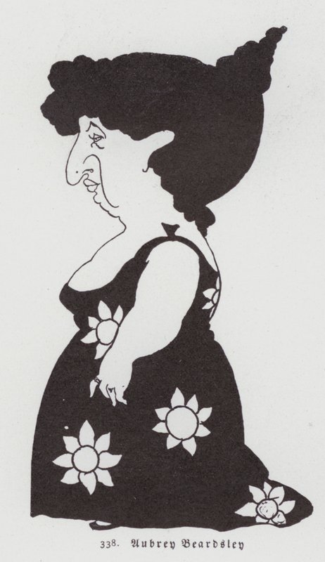 Karikatuur van een vrouw in een zonnebloemjurk door Aubrey Beardsley