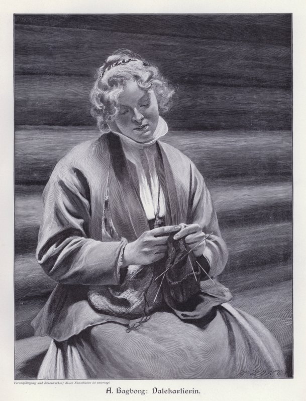 Portret van een vrouw die breit (gravure) door August Wilhelm Nikolaus Hagborg
