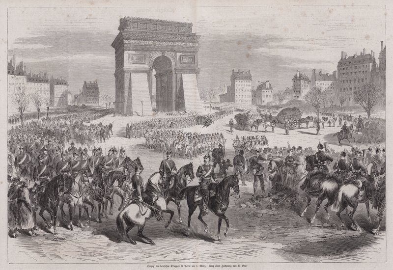 Duitse troepen betreden Parijs na het einde van de Frans-Duitse Oorlog door Augustus J. Beck