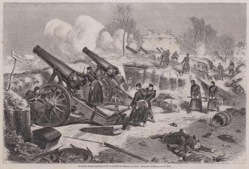 Pruisische belegeringsbatterij in het park van Le Raincy tijdens het Beleg van Parijs, Frans-Pruisische Oorlog door Augustus J. Beck