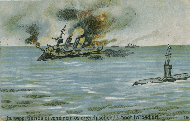 Zinken van de Italiaanse kruiser Giuseppe Garibaldi door de Oostenrijkse onderzeeër U-4, Eerste Wereldoorlog, 18 juli 1915 door Austrian School