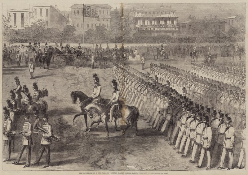 De Vrijwilligersparade in Hyde Park, de vrijwilligers marcheren langs Hare Majesteit door B. Clayton