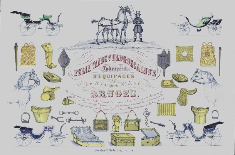Advertentie voor Felix Van de Velde-Decaluwe, fabrikanten van paard-en-wagens, Brugge, België (kleur litho) door Belgian School