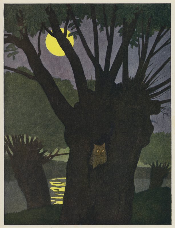 Uil in een boomholte op een maanverlichte nacht door Benjamin Rabier