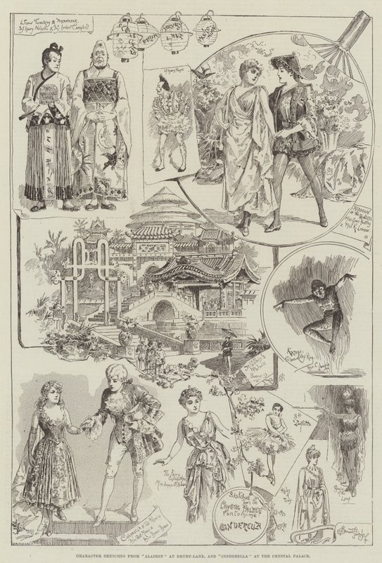 Karakter Schetsen van Aladdin in Drury-Lane, en Assepoester in het Crystal Palace door Bernard Partridge