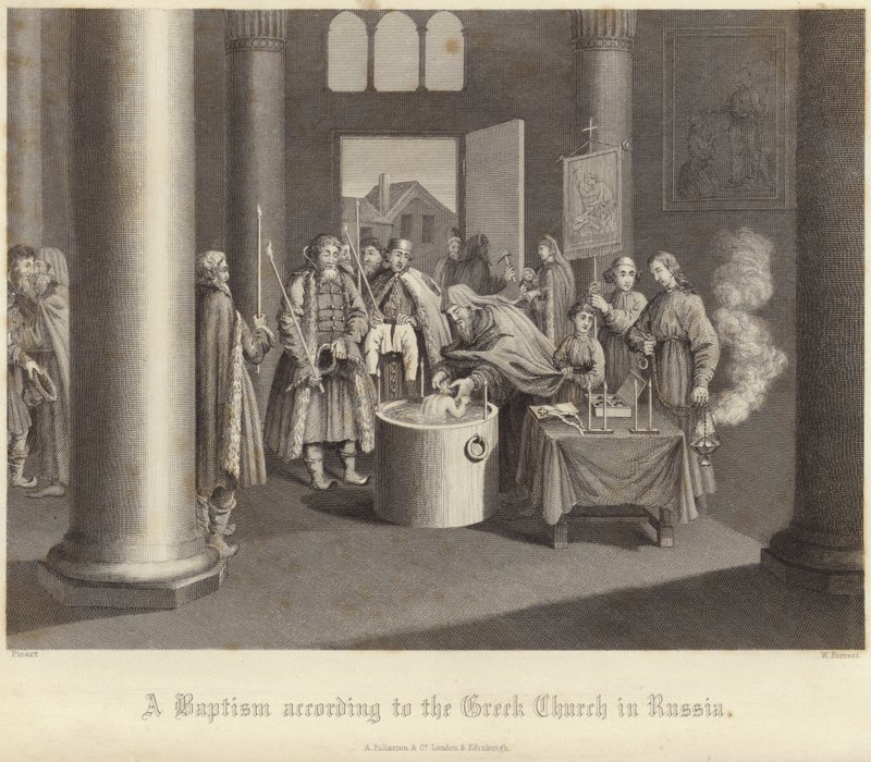 Een doop volgens de Griekse kerk in Rusland door Bernard Picart