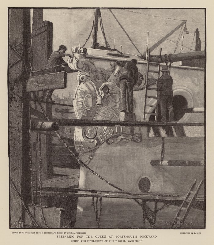 Voorbereidingen voor koningin Victoria in de scheepswerf van Portsmouth door C.A. Wilkinson