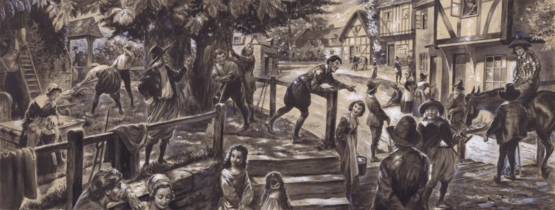 Een 17e-eeuwse parochiescène (gouache op papier) door C.L. Doughty