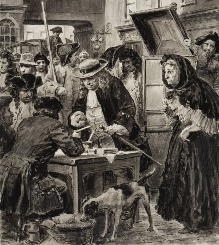 Een achttiende-eeuwse pandjesbaas en zijn klanten (gouache op papier) door C.L. Doughty