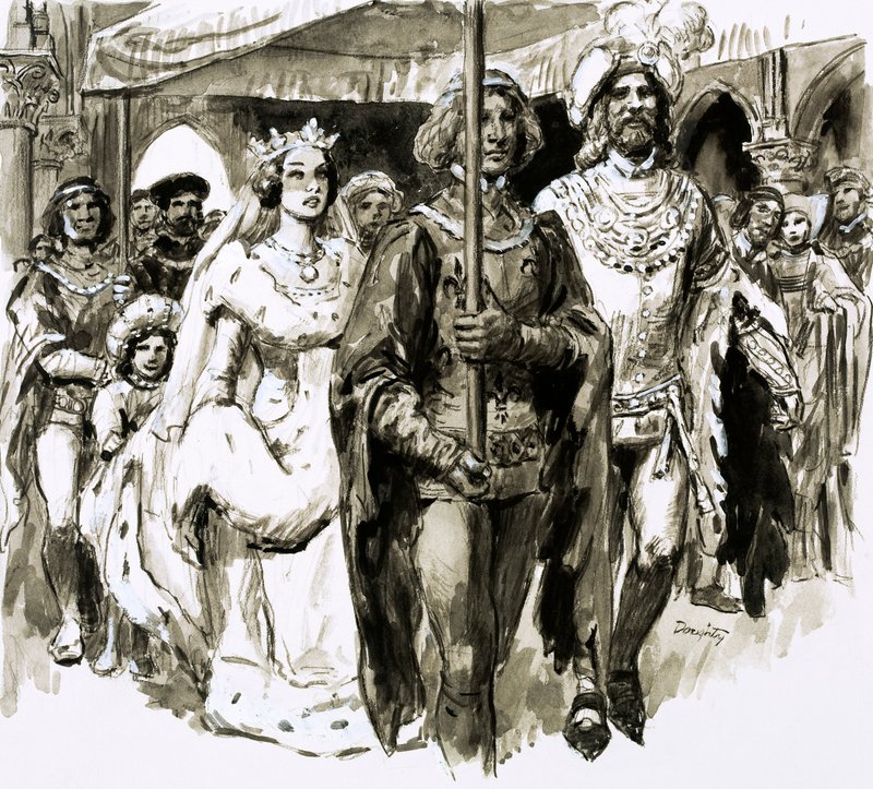 Op 13-jarige leeftijd trouwde de mooie Isabella en werd koningin van Engeland (gouache op papier) door C.L. Doughty