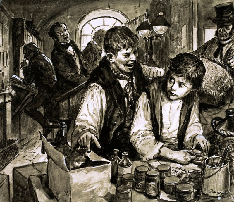 Charles Dickens in de zwartmakerij (gouache op papier) door C.L. Doughty