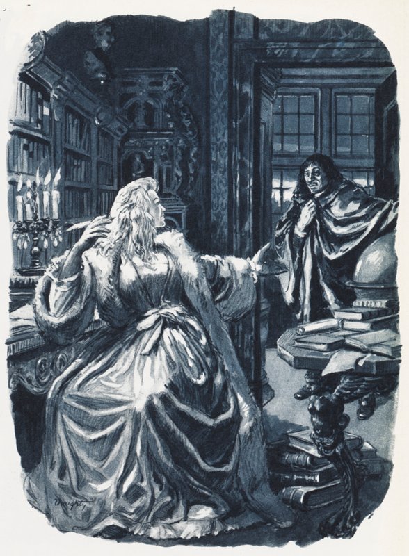 Christina van Zweden ontbood de filosoof Descartes om haar drie keer per week les te geven (kleurenlitho) door C.L. Doughty