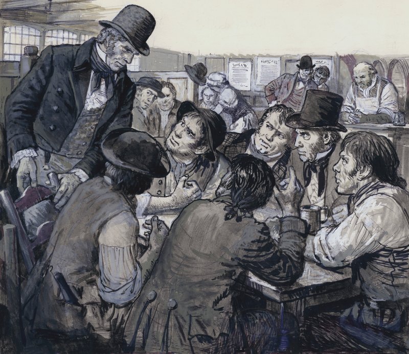 Kolonel Despard werft politieke ontevredenen in de duistere onderwereld van Londen (gouache op papier) door C.L. Doughty