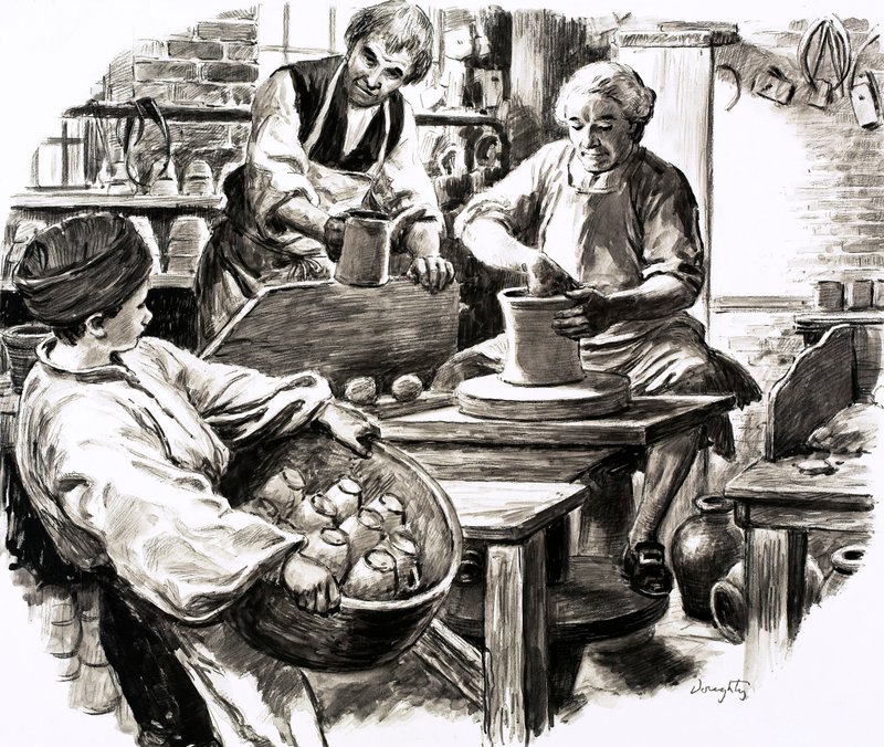 Josiah Wedgwood ging in de leer bij het pottenbakkersbedrijf van de familie (gouache op papier) door C.L. Doughty
