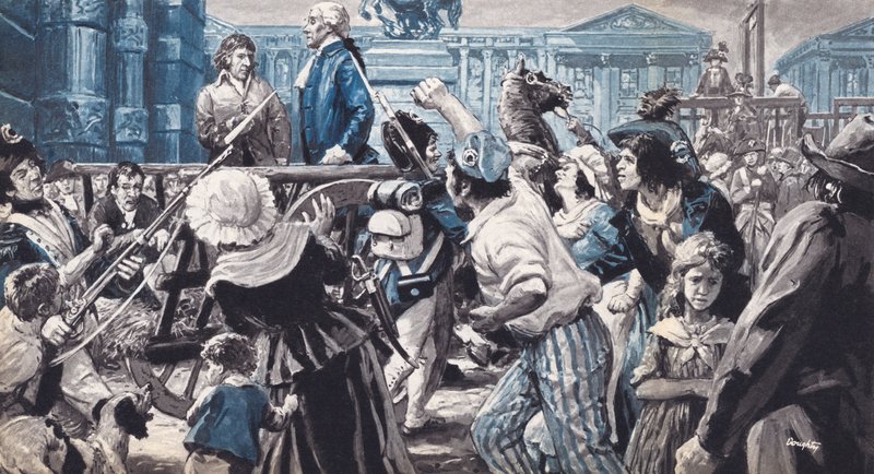 Lavoisier op weg naar zijn executie (kleurenlitho) door C.L. Doughty