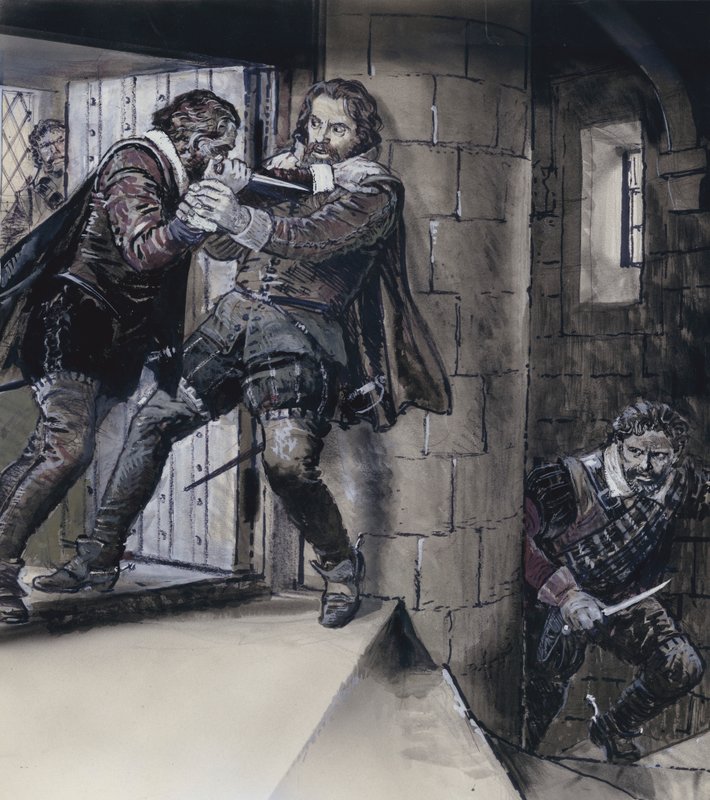 Lord Gowrie tekent een dolk op koning James VI van Schotland (gouache op papier) door C.L. Doughty