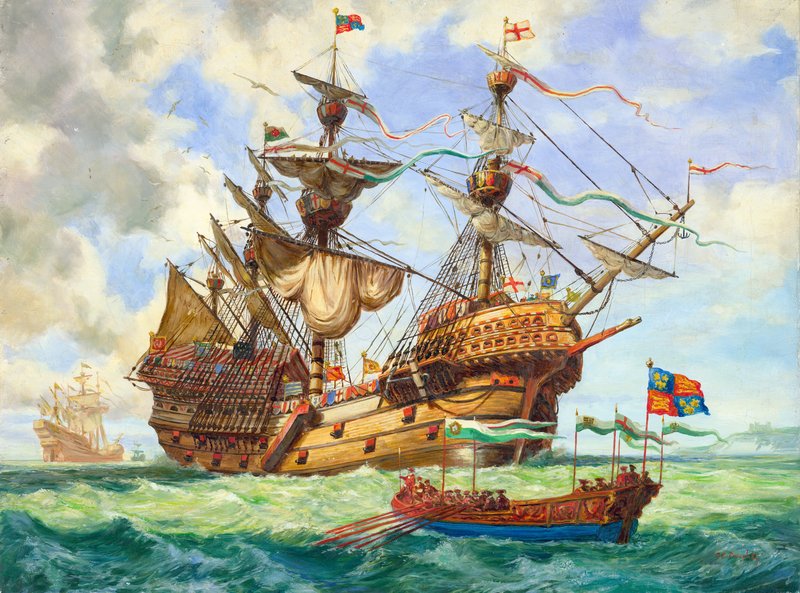 De Grote Harry, vlaggenschip van de vloot van koning Hendrik, met veel van zijn 251 kanonnen (gouache op papier) door C.L. Doughty