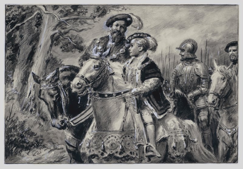 De Heer Beschermer, de Hertog van Somerset, brengt de jonge Koning Edward VI naar Windsor (gouache op papier) door C.L. Doughty