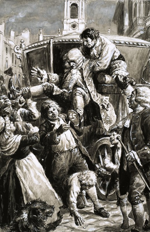 Ongeïdentificeerde scène (17e/18e eeuw) van man die uit een koets wordt gedragen door C.L. Doughty