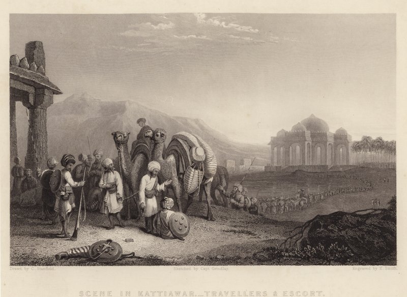 Scène in Kattiawar, reizigers en escorte door C. (after) Stanfield