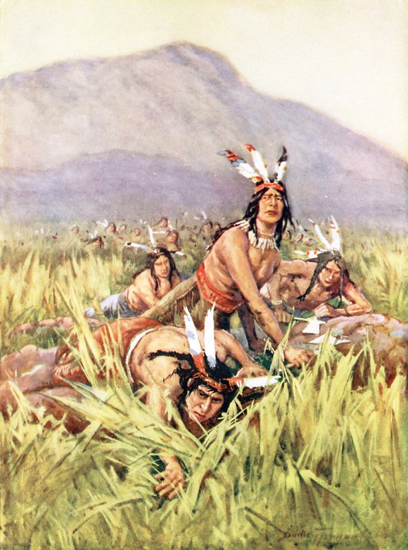 Amerikaanse indianen op het punt van aanvallen door C. Dudley Tennant