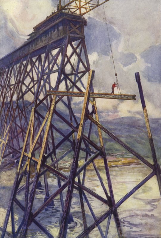 Het plaatsen van het staal van de Battle River Viaduct van de Grand Trunk Pacific Railway, Canada (kleur litho) door C. Dudley Tennant