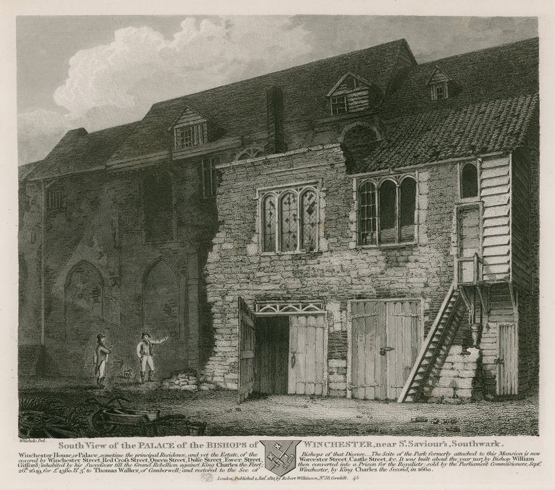 Zuidelijk uitzicht op het Paleis van de Bisschoppen van Winchester, nabij St Saviour
